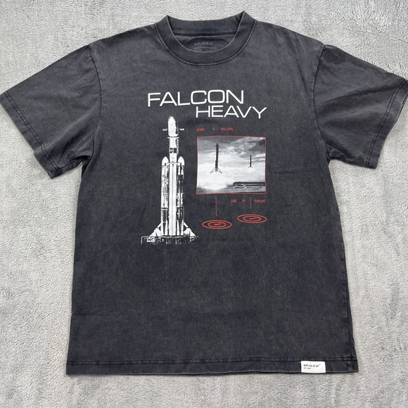 SpaceX T-Shirt Mens Small Gray Falcon Heavy Graphic Tee Vintage Wash Acid Wash